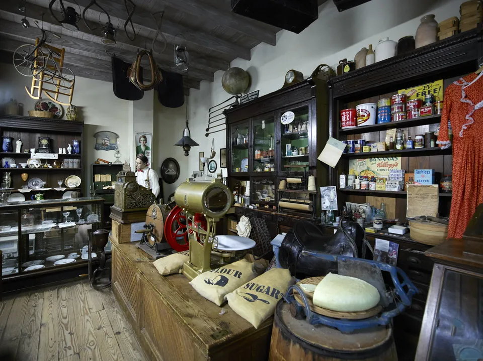 Recreated general store counter with flour and sugar sacks, East Texas Oil Museum, Kilgore
