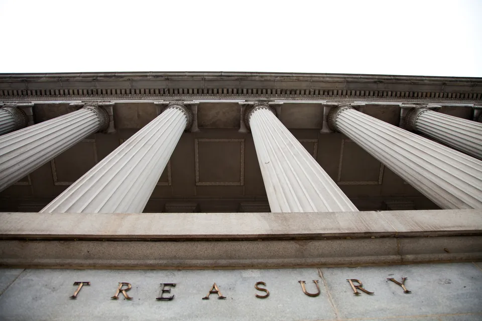 Columns above the TREASURY inscription on the U.S. Treasury Building